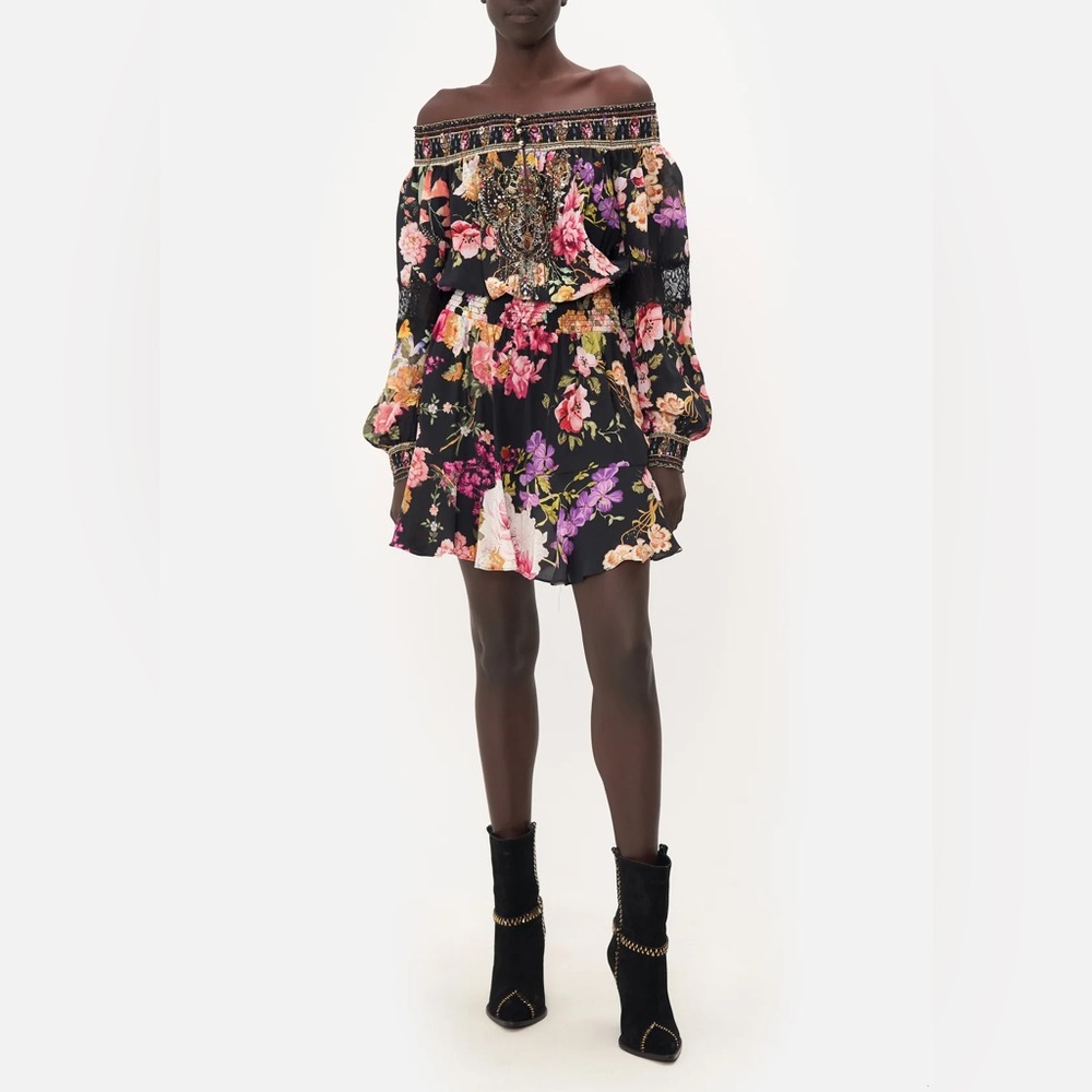CAMILLA “Libertine Lady” black floral silk off-shoulder flirty mini dress S?